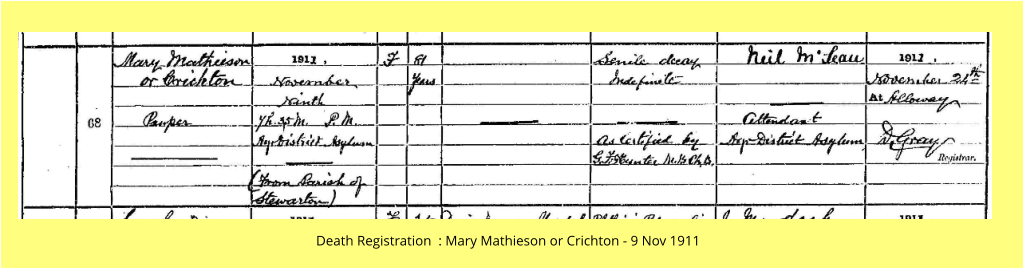 Death Registration  : Mary Mathieson or Crichton - 9 Nov 1911