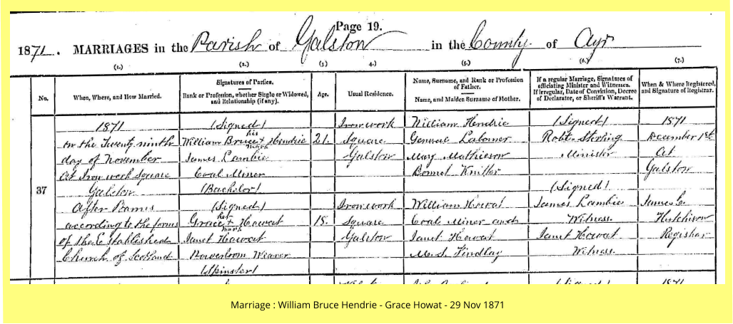 Marriage : William Bruce Hendrie - Grace Howat - 29 Nov 1871
