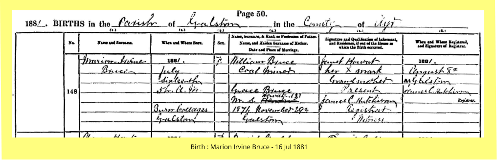 Birth : Marion Irvine Bruce - 16 Jul 1881