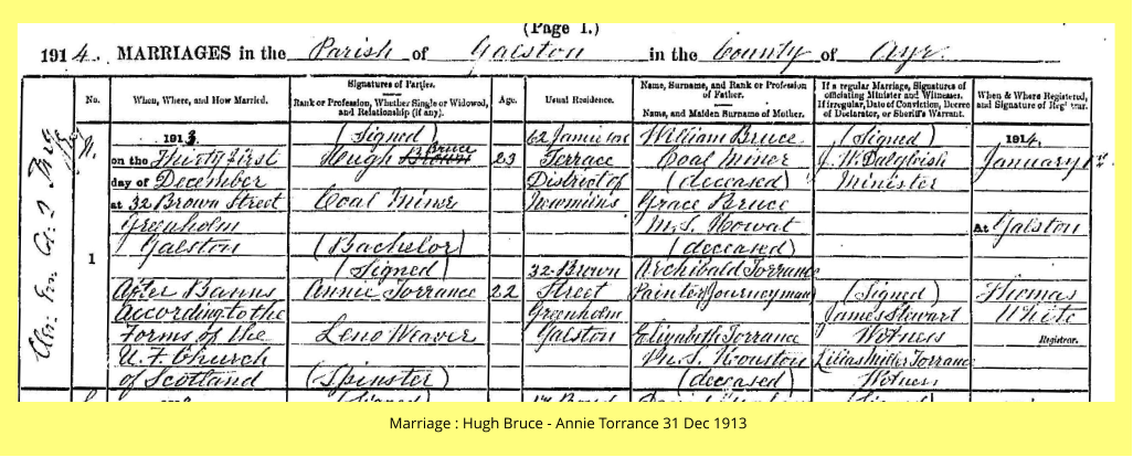Marriage : Hugh Bruce - Annie Torrance 31 Dec 1913