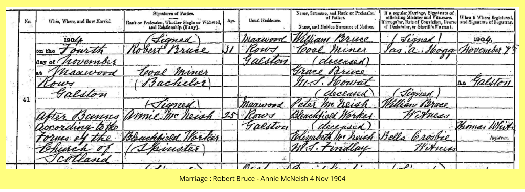 Marriage : Robert Bruce - Annie McNeish 4 Nov 1904