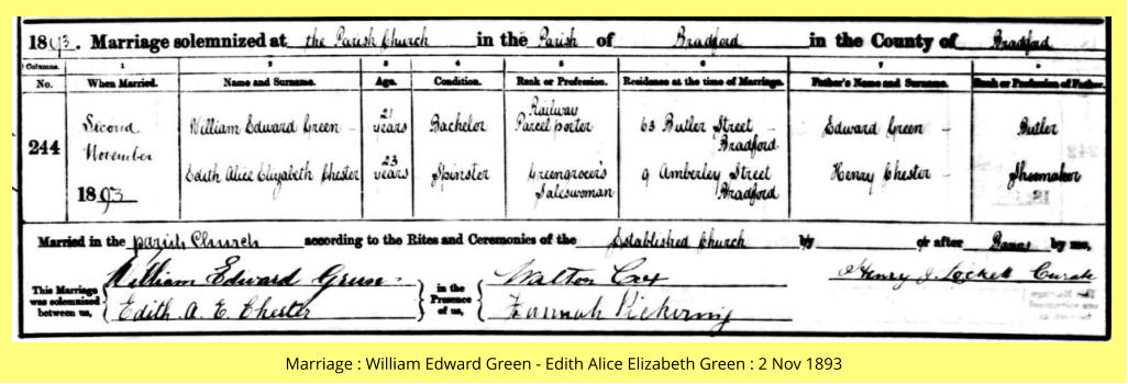 Marriage : William Edward Green - Edith Alice Elizabeth Green : 2 Nov 1893