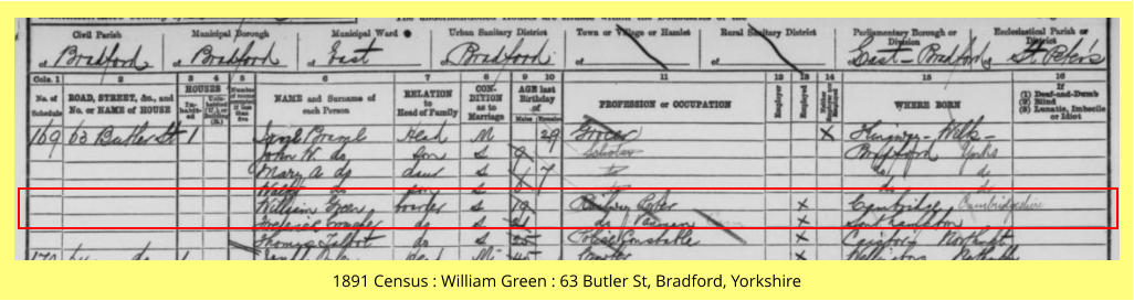 1891 Census : William Green : 63 Butler St, Bradford, Yorkshire