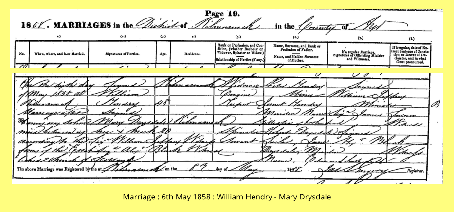 Marriage : 6th May 1858 : William Hendry - Mary Drysdale