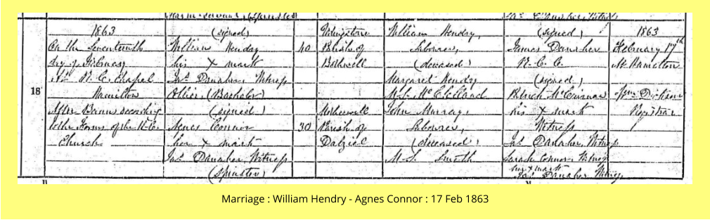 Marriage : William Hendry - Agnes Connor : 17 Feb 1863