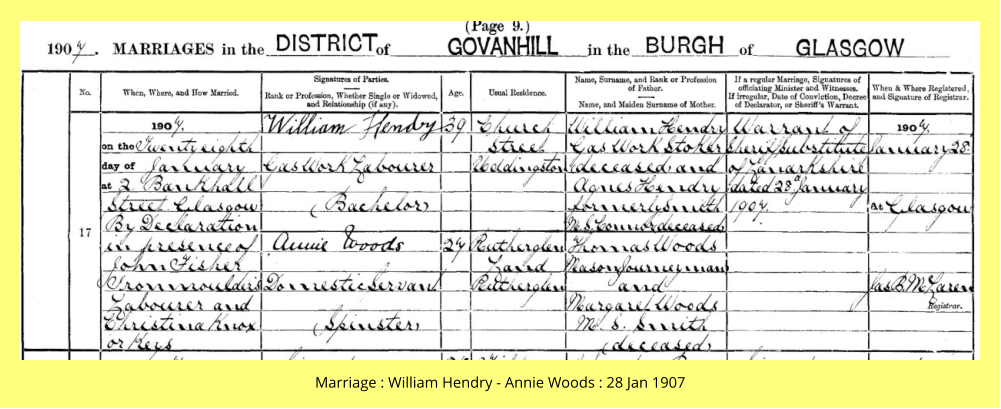 Marriage : William Hendry - Annie Woods : 28 Jan 1907