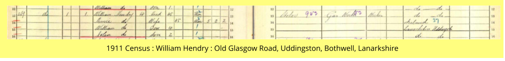 1911 Census : William Hendry : Old Glasgow Road, Uddingston, Bothwell, Lanarkshire