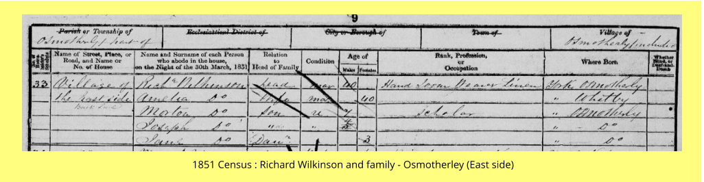 1851 Census : Richard Wilkinson and family - Osmotherley (East side)