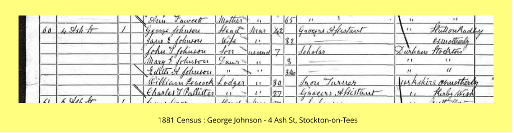 1881 Census : George Johnson - 4 Ash St, Stockton-on-Tees