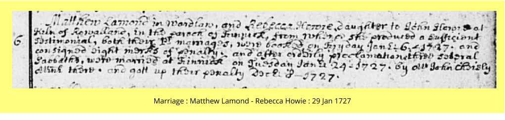 Marriage : Matthew Lamond - Rebecca Howie : 29 Jan 1727