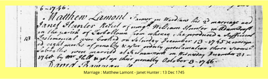 Marriage : Matthew Lamont - Janet Hunter : 13 Dec 1745
