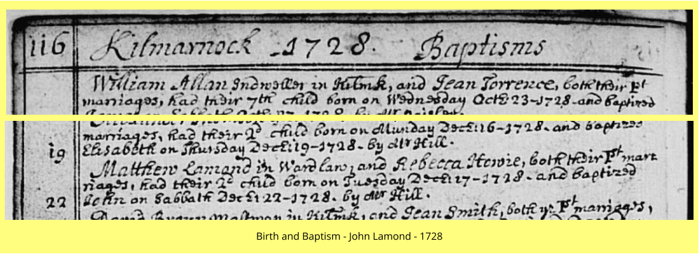 Birth and Baptism - John Lamond - 1728
