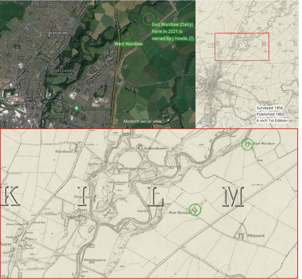 Surveyed 1856 Published 1860 6 inch 1st Edition East Wardlaw (Dairy) Farm in 2021 is owned by J Howie. (?) West Wardlaw Modern aerial view