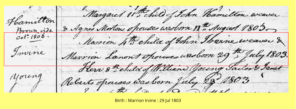 Birth : Marrion Irvine : 29 Jul 1803