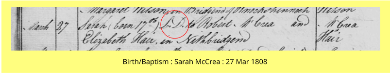 Birth/Baptism : Sarah McCrea : 27 Mar 1808