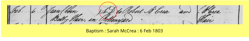 Baptism : Sarah McCrea : 6 Feb 1803