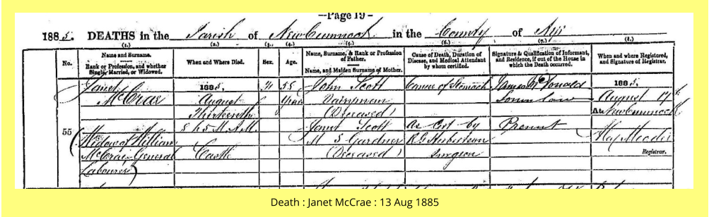 Death : Janet McCrae : 13 Aug 1885