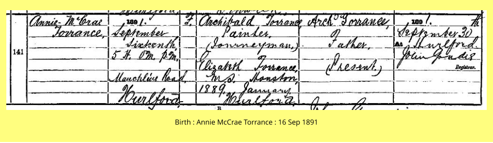 Birth : Annie McCrae Torrance : 16 Sep 1891