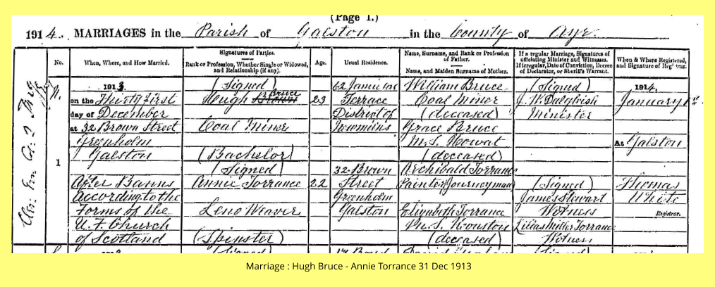 Marriage : Hugh Bruce - Annie Torrance 31 Dec 1913