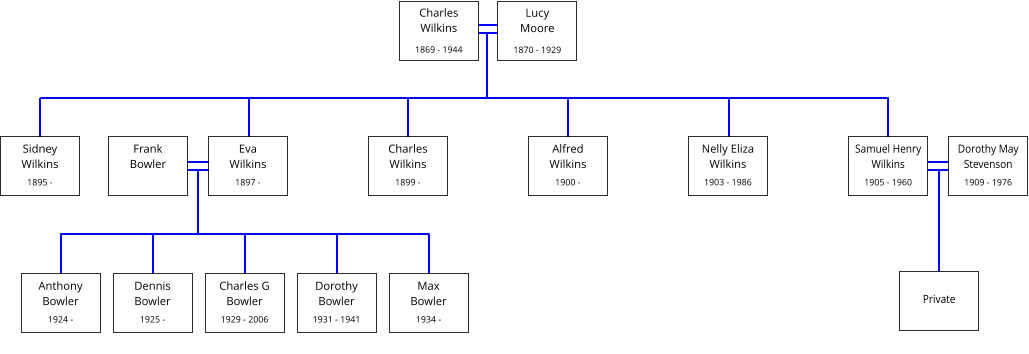 Nelly Eliza      Wilkins  1903 - 1986    Samuel Henry Wilkins  1905 - 1960     Charles  Wilkins  1869 - 1944      Lucy        Moore  1870 - 1929      Charles Wilkins  1899 -         Sidney   Wilkins  1895 -     Alfred    Wilkins  1900 -         Eva         Wilkins  1897 -     Dorothy May Stevenson  1909 - 1976    Frank     Bowler       Private      Charles G Bowler  1929 - 2006        Anthony  Bowler  1924 -         Dennis    Bowler  1925 -         Dorothy Bowler  1931 - 1941         Max        Bowler  1934 -
