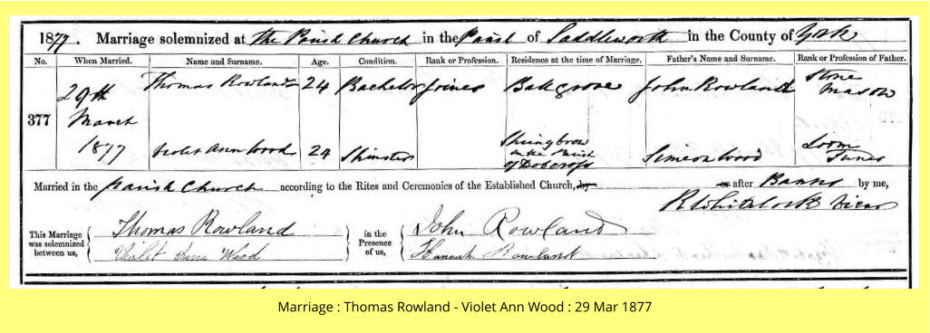 Marriage : Thomas Rowland - Violet Ann Wood : 29 Mar 1877
