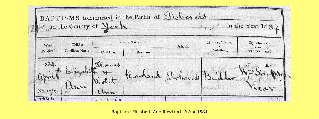 Baptism : Elizabeth Ann Rowland : 6 Apr 1884
