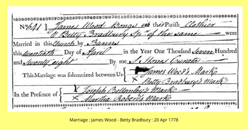Marriage : James Wood - Betty Bradbury : 20 Apr 1778